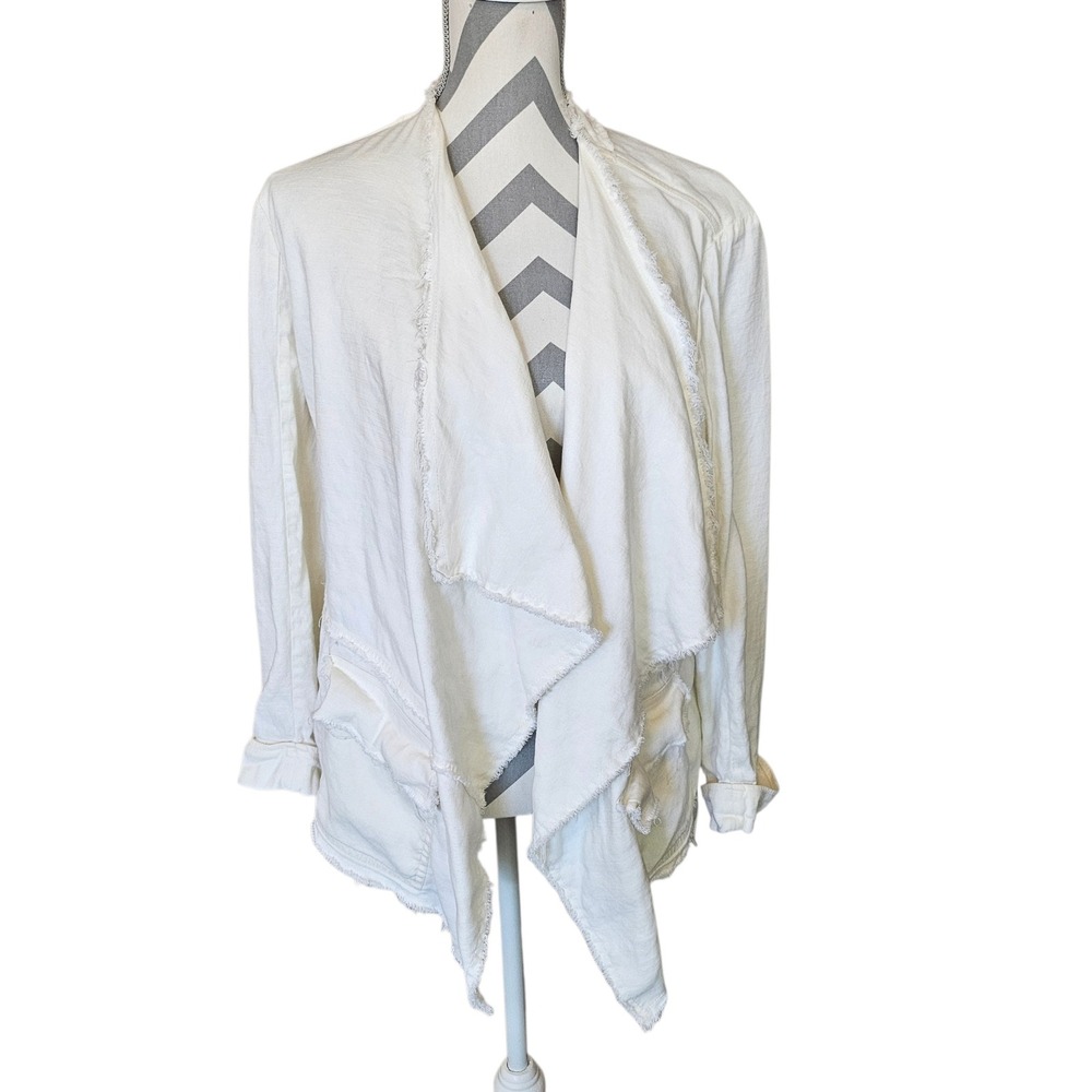 Free People Ivory Linen Blend Waterfall Raw Edge Jacket Large‎ Boho Coastal Slub